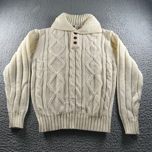 Vtg Kings Road Sweater Mens L Chunky‎ Cable Knit Shawl Collar Cream Cottagecore